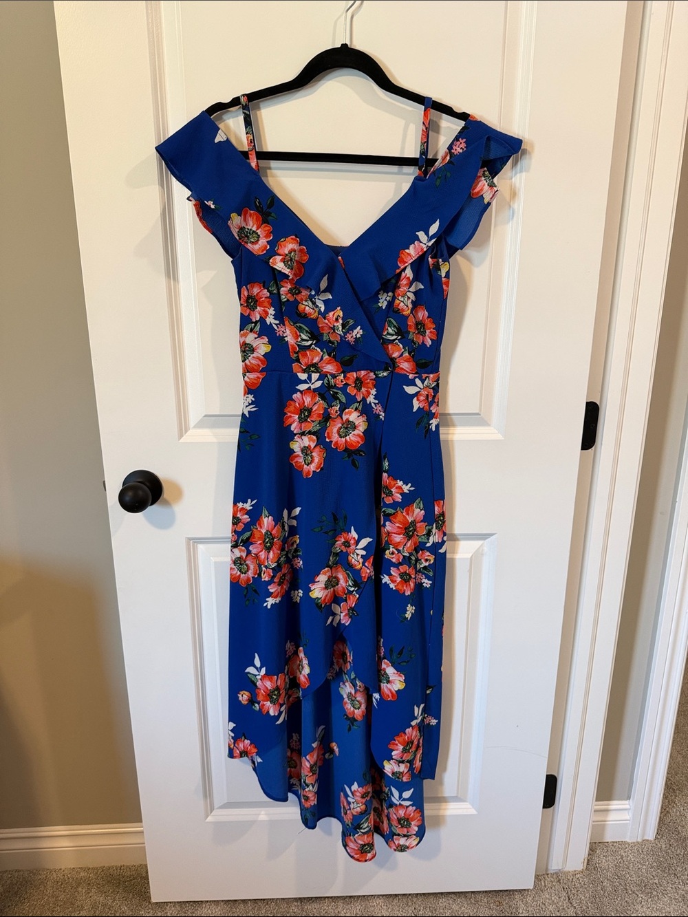 Off The Shoulder Floral V-Neck high-low Dress in Royal Blue